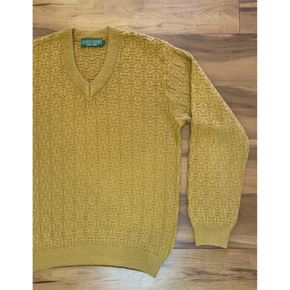 Amino Dino Textured Knit V-Neck Sweater LS Mustard Yellow Men's Size Large L - Picture 5 of 11